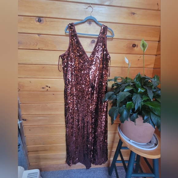 Anthropologie Maeve Shiny Shimmer Royal Copper sequin Jumpsuit Large - Picture 10 of 15